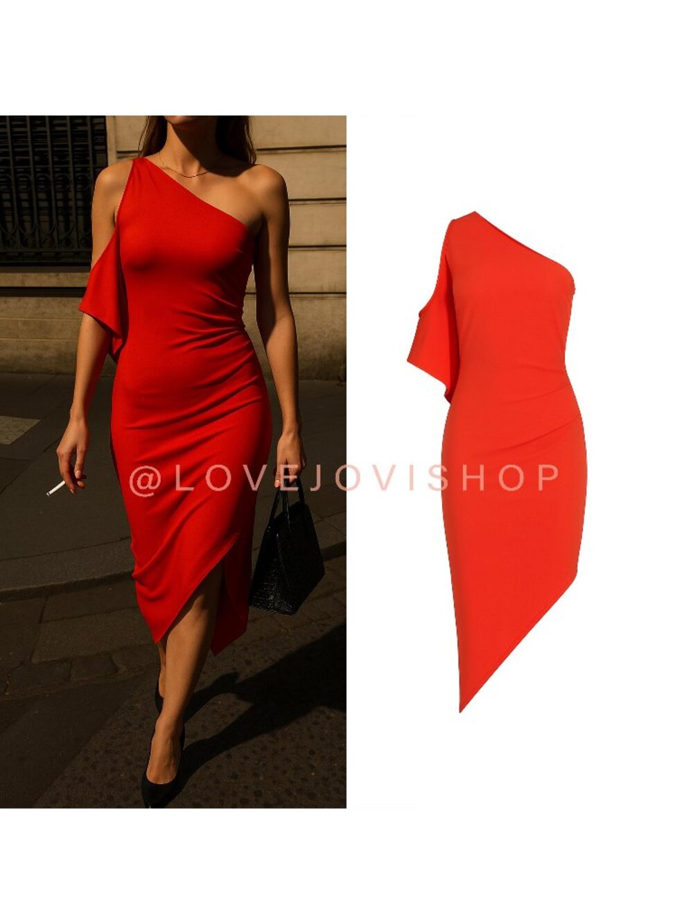 Dress | BeBe Red One Shoulder Bodycon Fitted Midi | Party Cocktail Asymmetrical